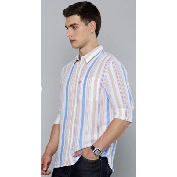 Mens Linen Blend Slim Fit Striped Tan Blue Button Down Shirt Size Medium - Picture 2 of 7